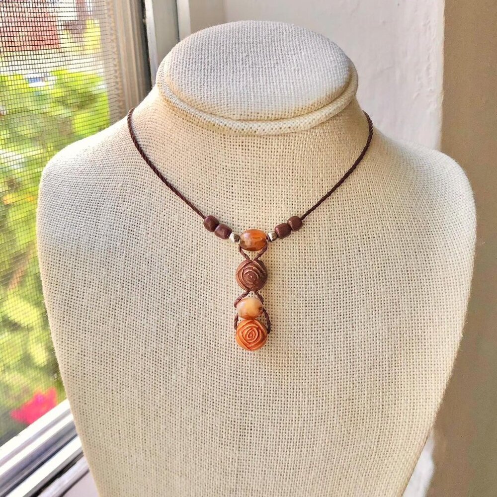 Earthy Grunge Coffee Orange 4 Rose Wooden Beaded Drop (Dark Brown) Necklace - Picture 2 of 4